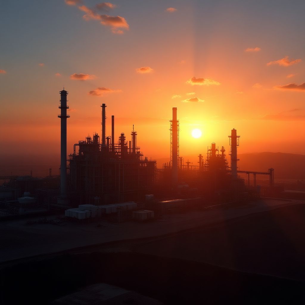 Planta de extracción en Vaca Muerta al atardecer